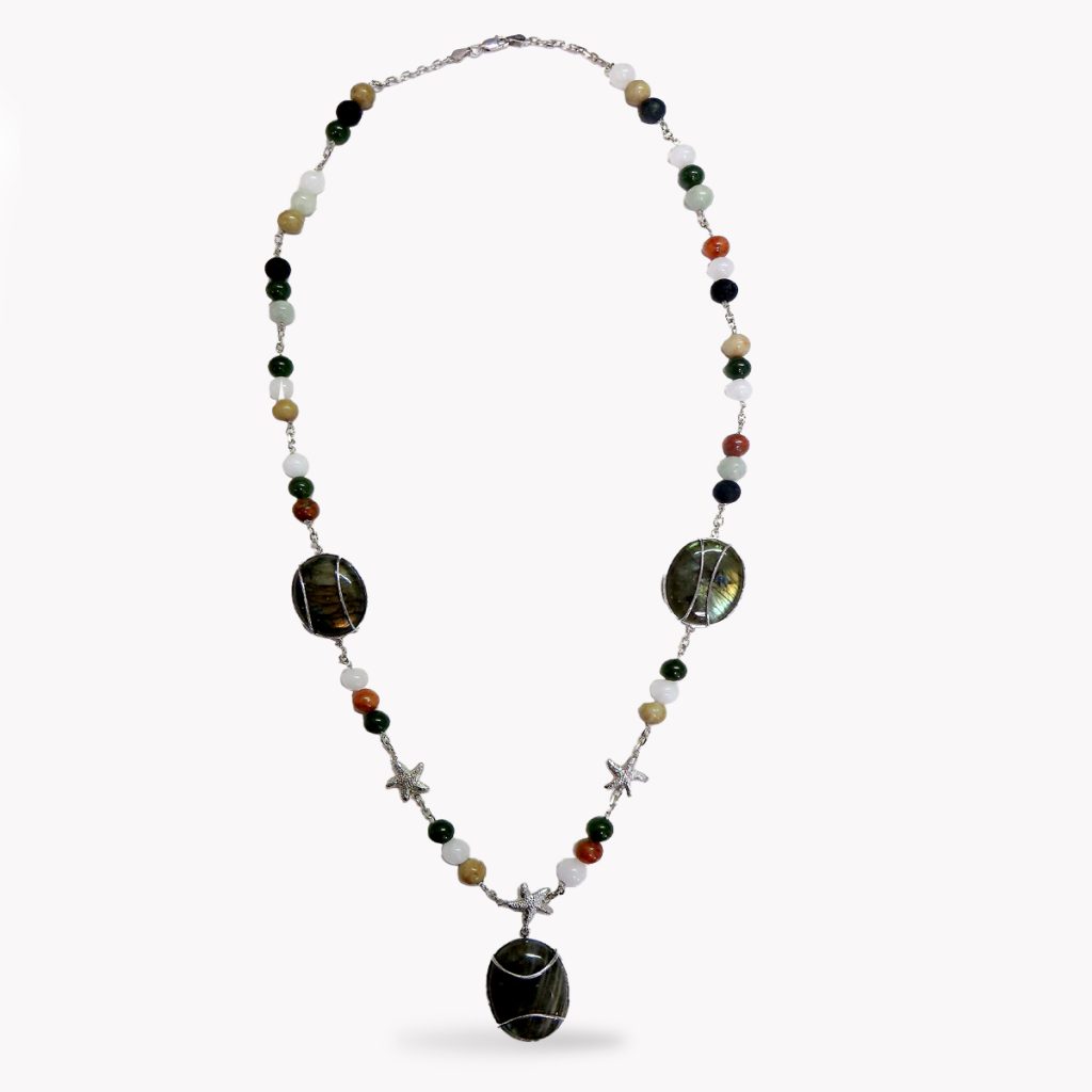 Item #23575 Labradorite Starfish Necklace with Nephrite Jade Beads in White Gold