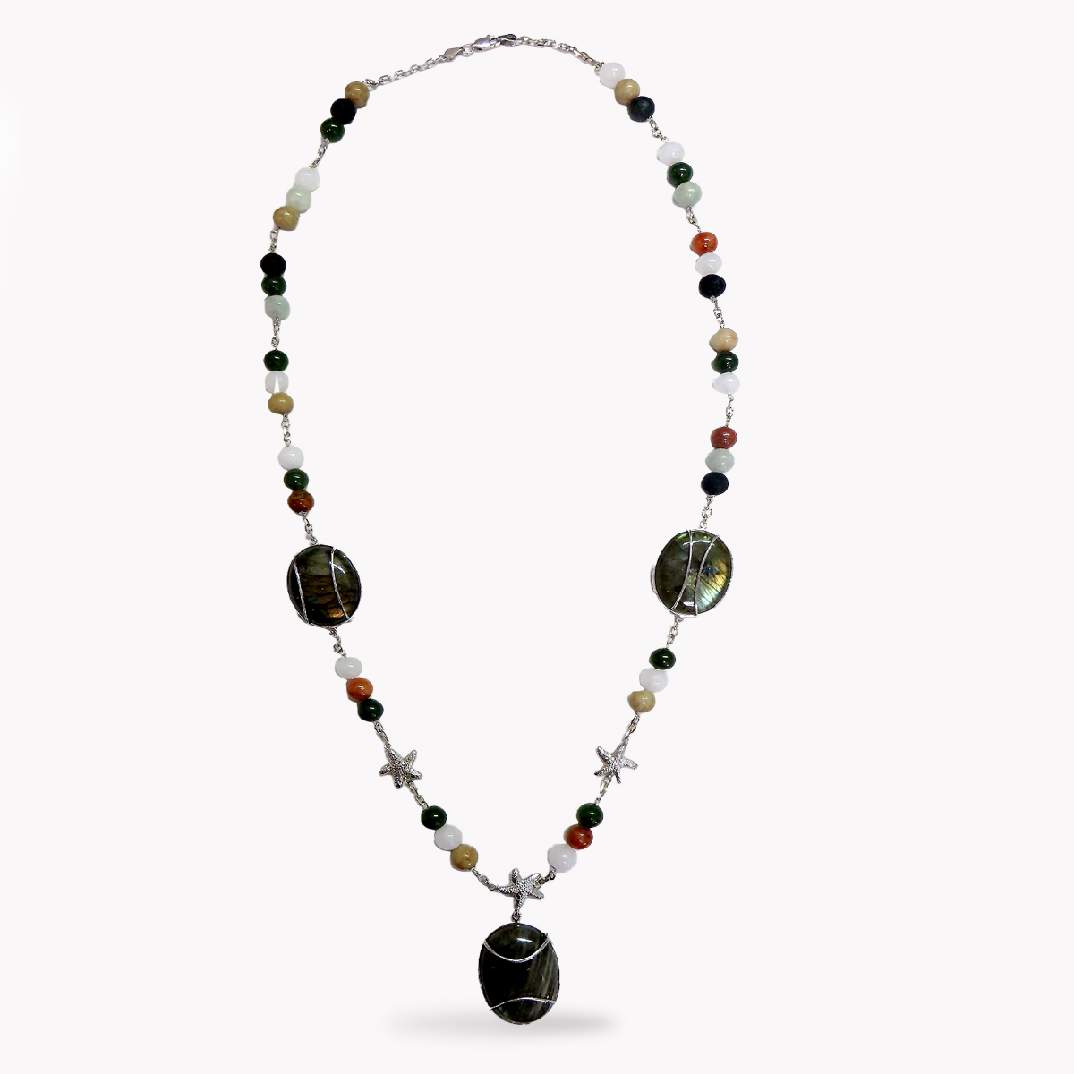 Item #23575 Labradorite Starfish Necklace with Nephrite Jade Beads in White Gold