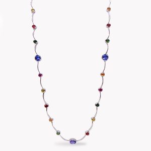 Item #23579 Long White Gold Cascade Necklace With Multi-Color Gemstones