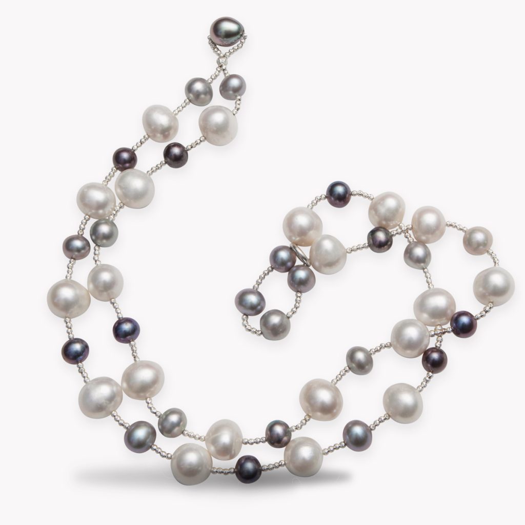 Item $23580 35 Inch Baroque Tahitian & South Sea Pearl Necklace with Diamond Cut White Gold Beads