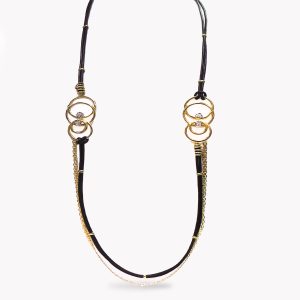 Item #23583 Yellow Gold Circle, Platinum, Diamond, Leather & Gold Chain Necklace