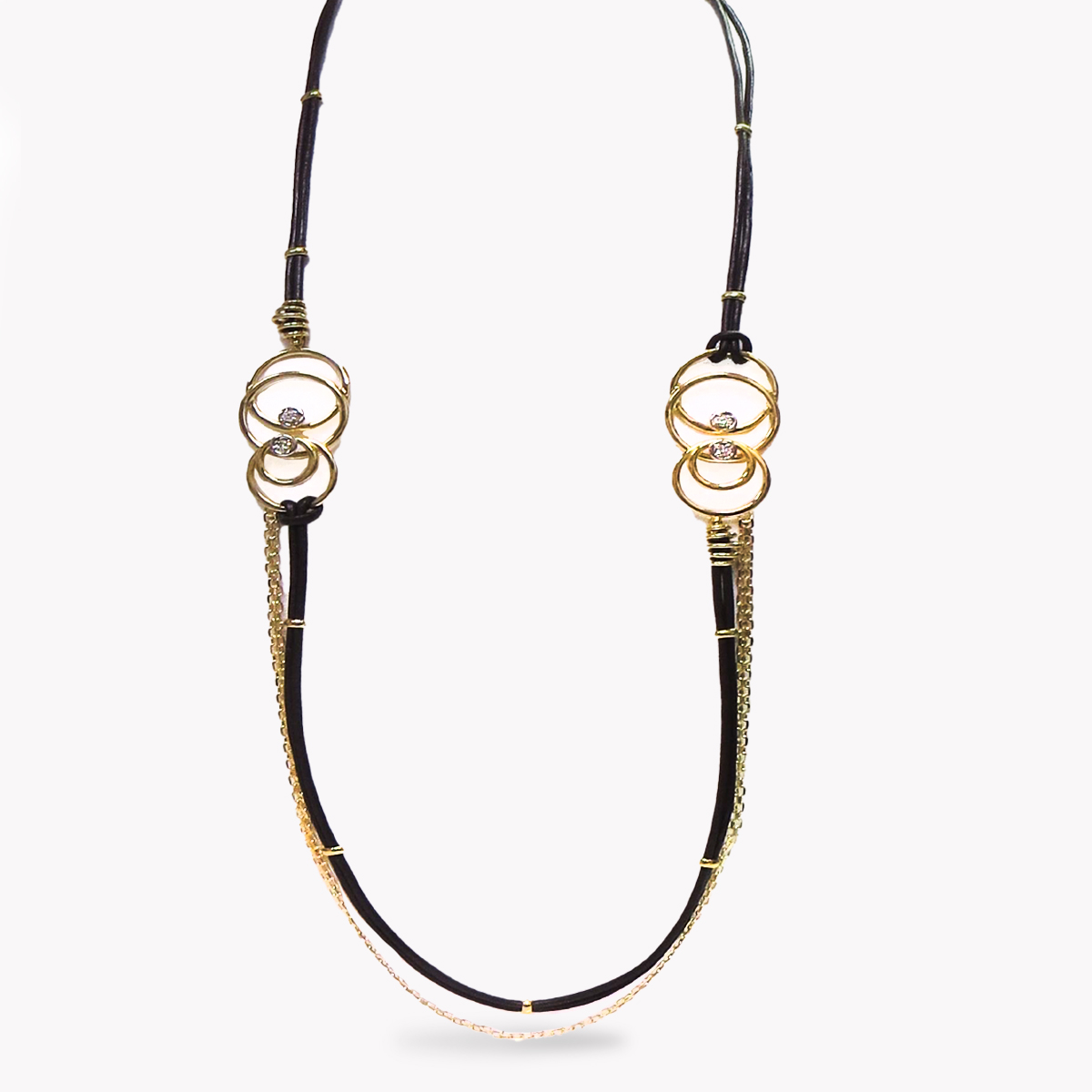 Item #23583 Yellow Gold Circle, Platinum, Diamond, Leather & Gold Chain Necklace