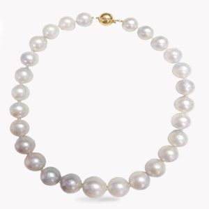 19 Inch Round South Sea Pearl Strand Necklace With Yellow Gold Tongue In Oval Swirl Clasp