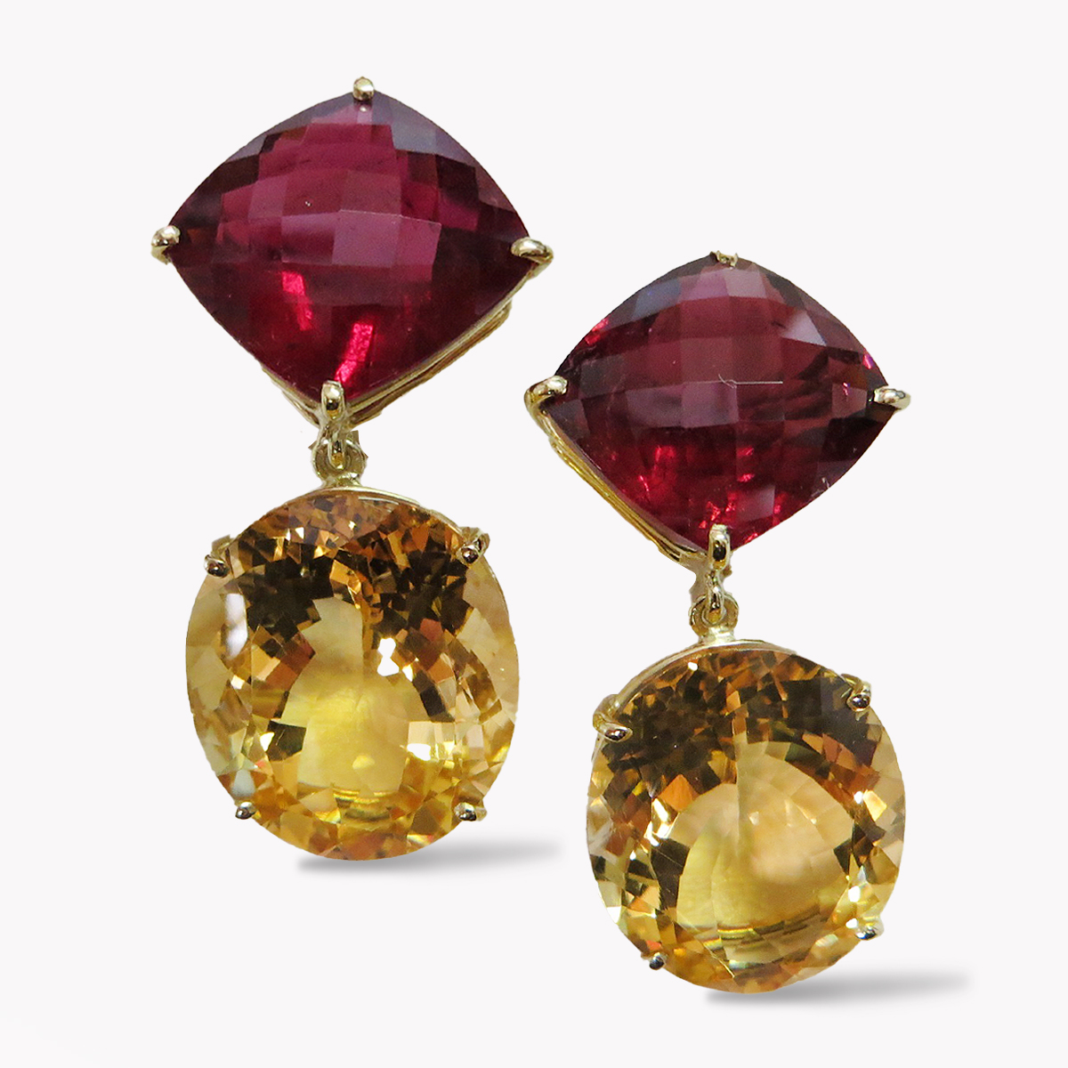 23643 Rubellite & Citrine Dandle Drop Earrings in Yellow Gold