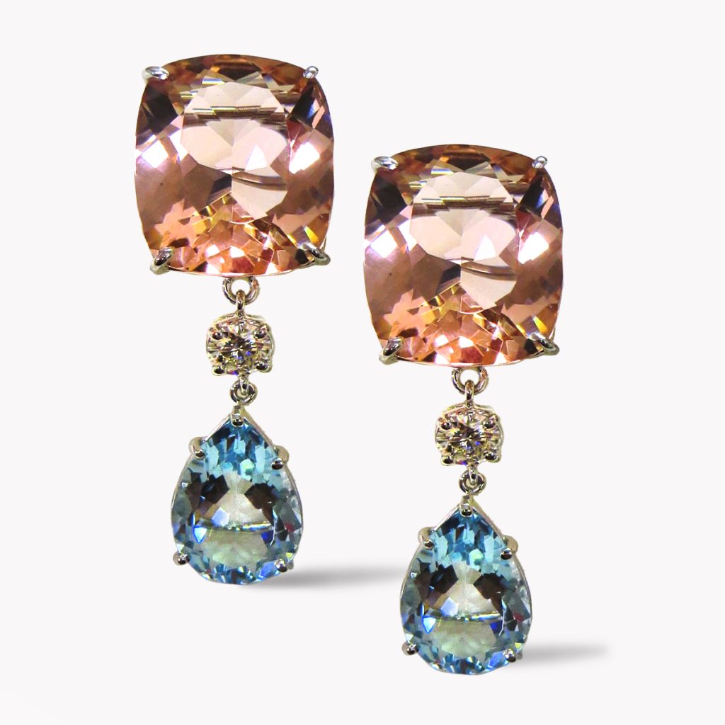23652 Morganite, Diamond & Aquamarine Dangle Drop Earrings in White Gold