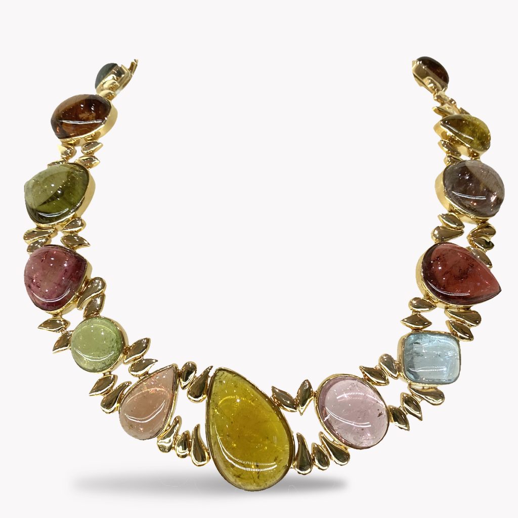 Item #23735 Multi-Colored Cabochon Cut Tourmaline Necklace In Yellow Gold