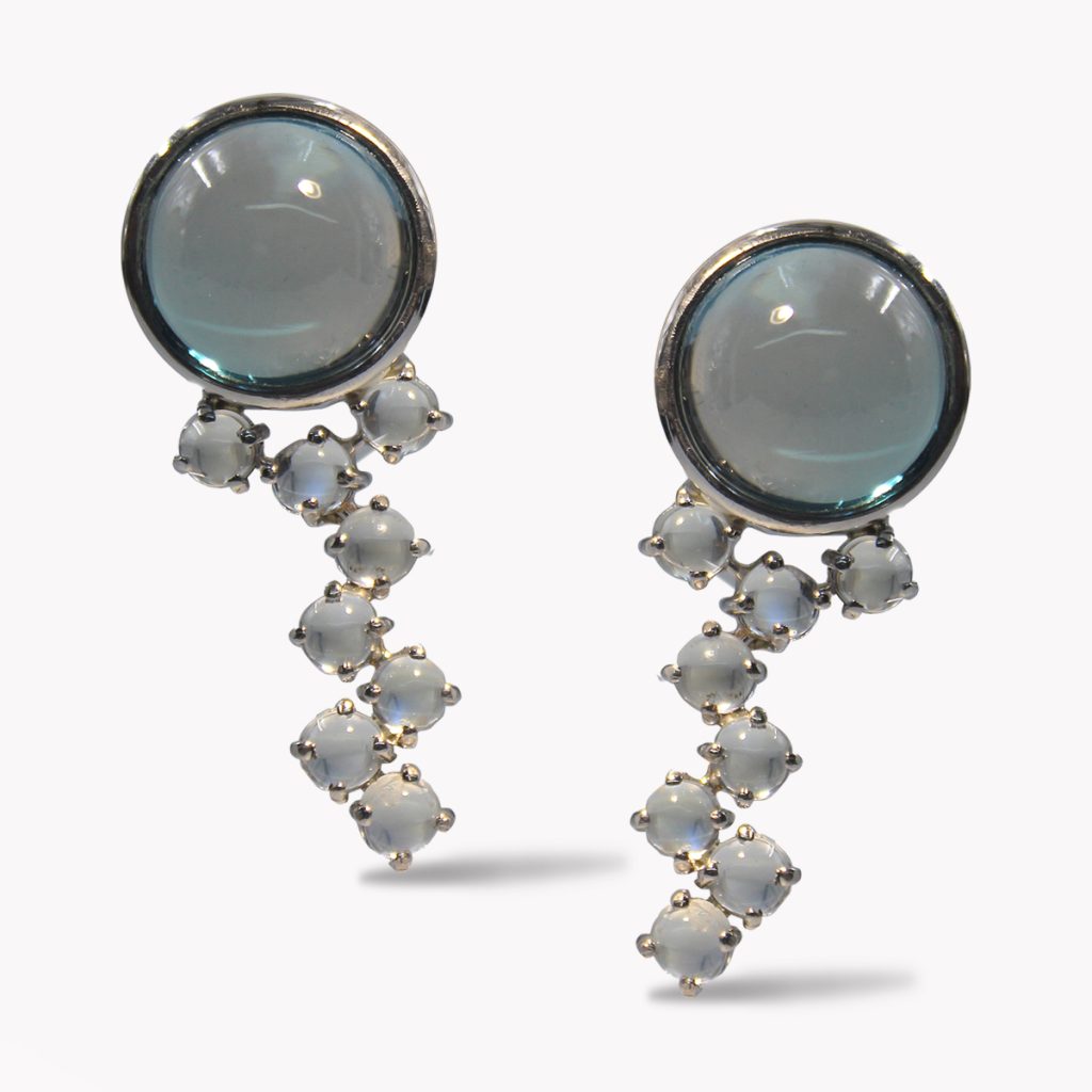 B24148 Blue Topaz Cabochon & Moonstone Drop Clip Earrings