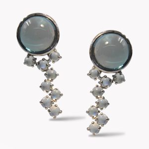 B24148 Blue Topaz Cabochon & Moonstone Drop Clip Earrings